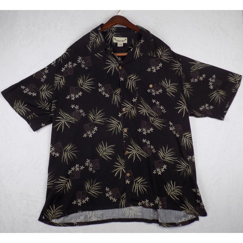 Vintage Paradise Coves Tropical Beach Shirt Wood Button Fern Print Silk XXL